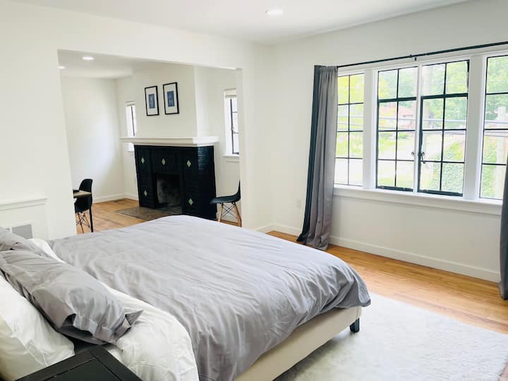 Upstairs you'll find the primary bedroom with a king sized bed.