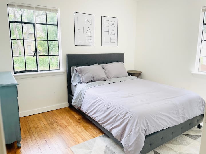 This is the bedroom on the main level, containing a queen bed.