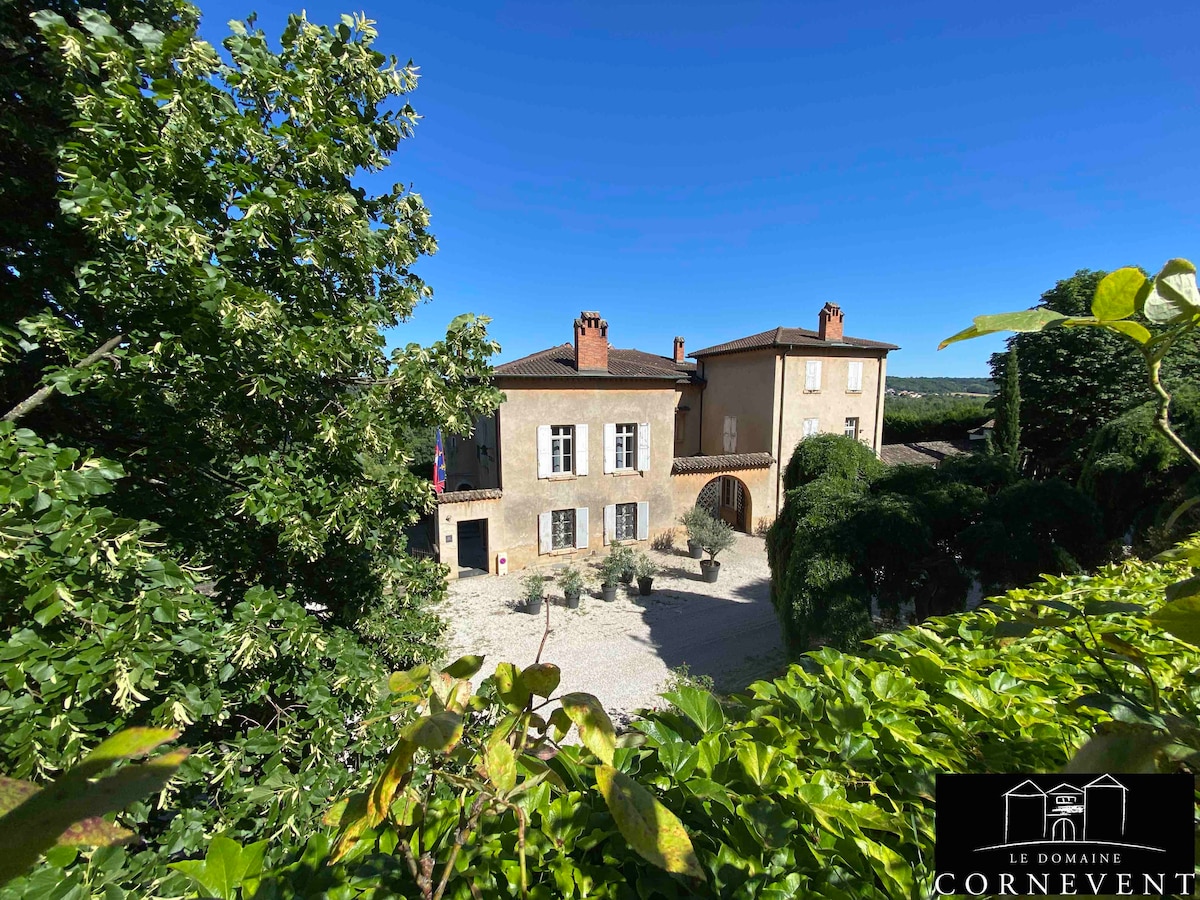 The historic Domaine Cornevent is depicted, showcasing its charming architecture under a clear blue sky. Surrounded by lush greenery, the building features large windows and a structured facade, harmonizing with the scenic landscape.