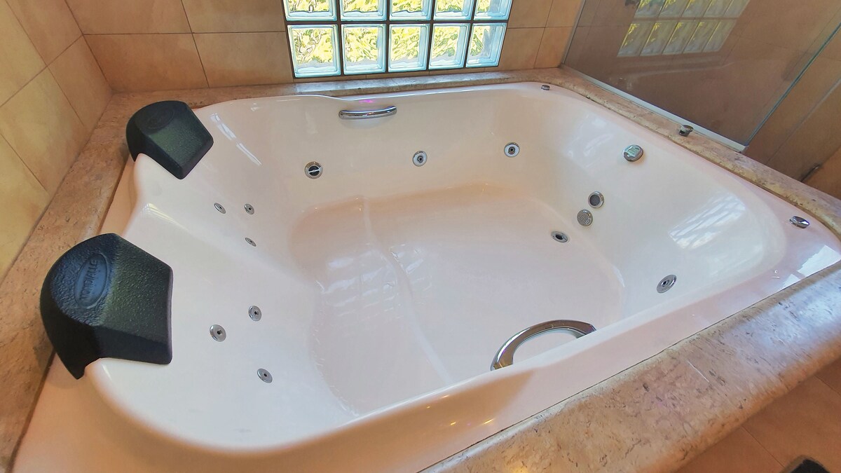 A spacious whirlpool tub is set against a backdrop of glass block windows, allowing natural light to enhance the serene environment. The tub features comfortable, contoured seating on either side, with chrome jets and a central drain point, perfect for relaxation.