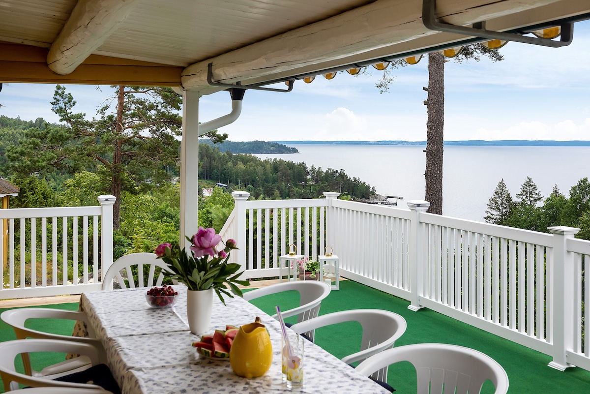 A spacious terrace is showcased with white railings and a green carpet, overlooking a serene body of water and lush greenery. A table is set with fresh fruit and a pitcher, accented by decorative flowers, inviting relaxation and dining with a calming view.