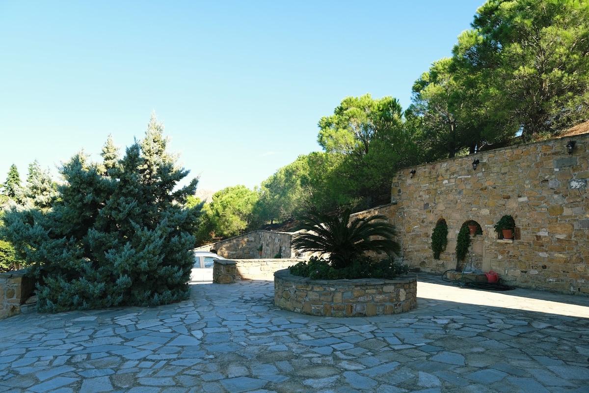 A stone pathway leads through an outdoor space surrounded by lush greenery and trees. Natural stone walls create a rustic backdrop, adorned with potted plants. A circular stone planter is visible, contributing to the serene atmosphere of the area.
