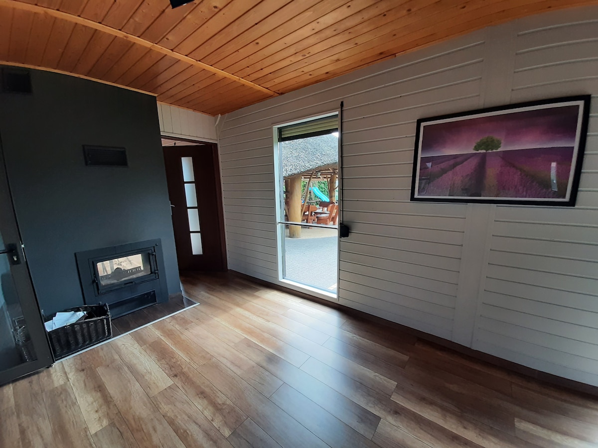 A modern interior space features a wooden ceiling and sleek wooden flooring. A fireplace is positioned against a dark wall, while a large window allows natural light to filter in, framing an outdoor view. A framed landscape painting adds a touch of color.