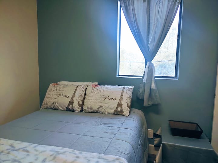 Chumba cha kulala chenye kitanda cha malkia na sofa ya kulala