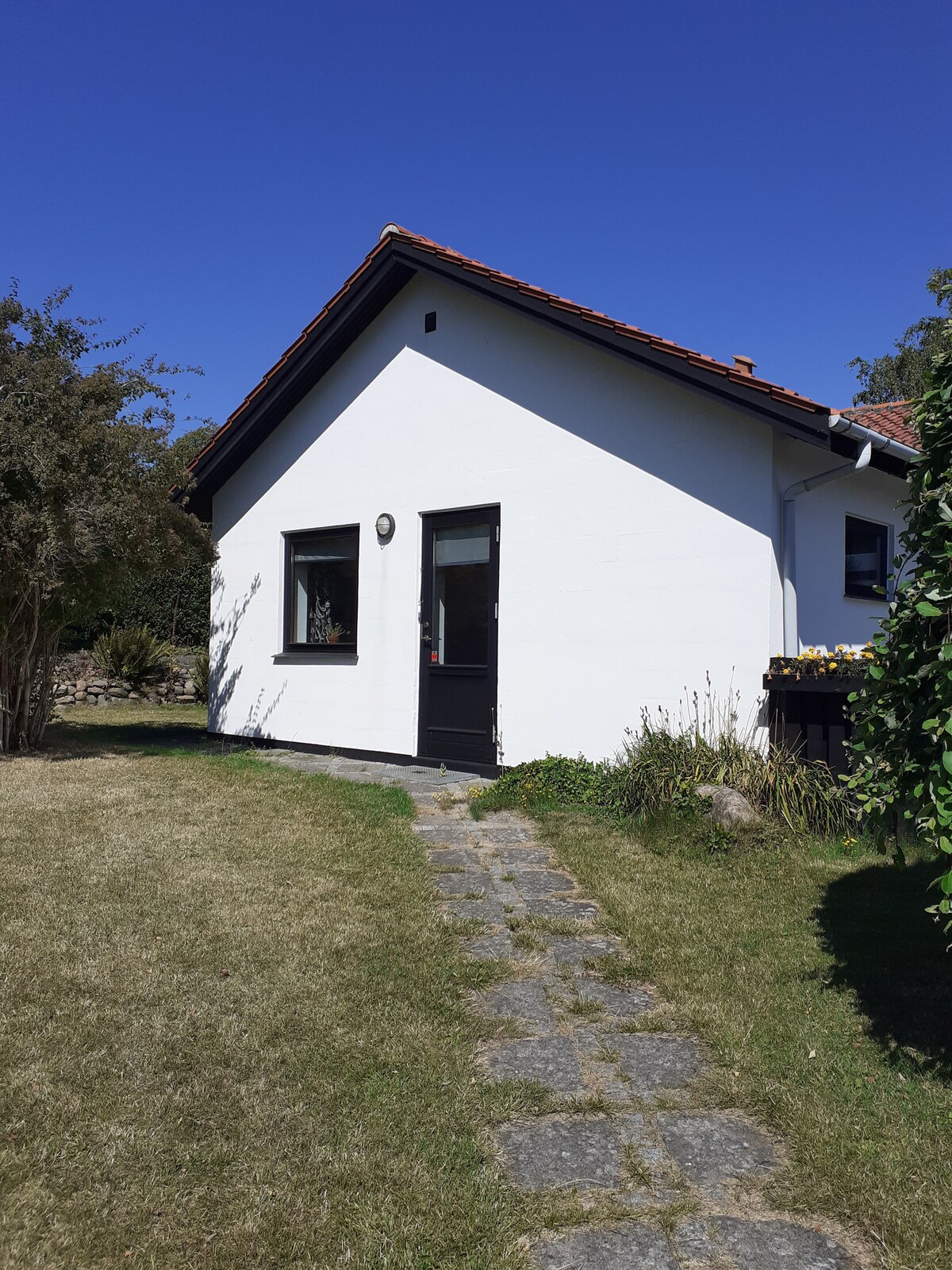 A white house is viewed from the garden, with a pathway of stone leading to the black front door. The clear blue sky enhances the exterior, while nearby greenery adds a natural touch.