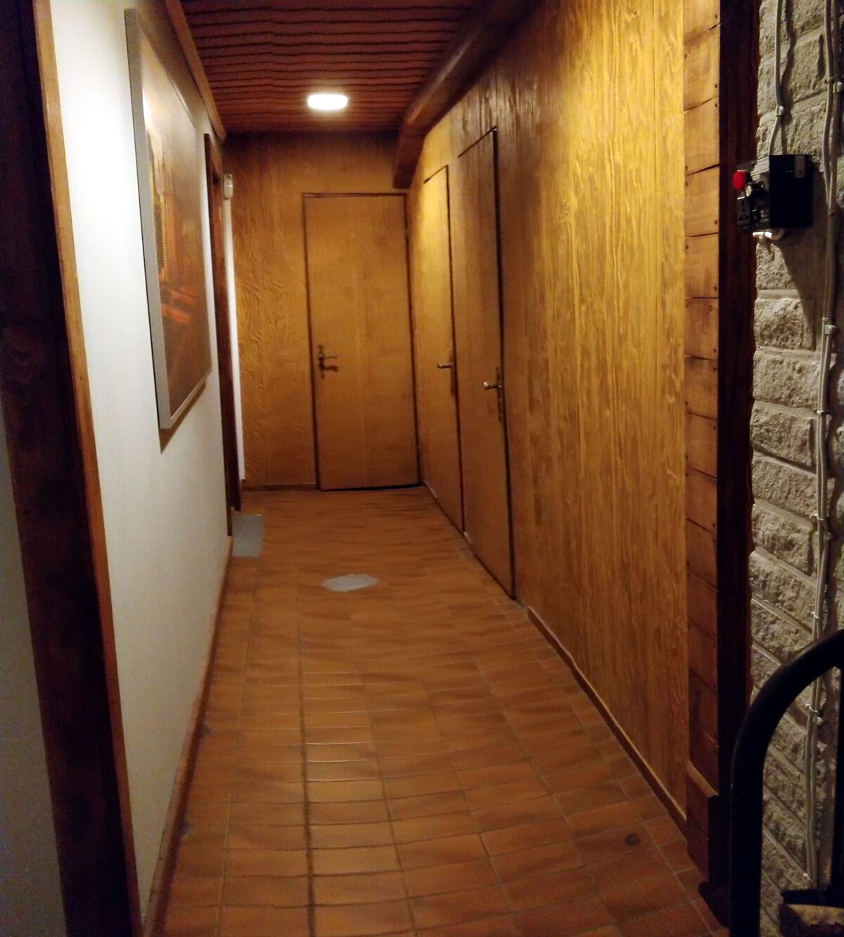 A corridor is featured with wooden paneling and tiled flooring. Doors are visible on both sides, leading to private rooms. Soft lighting highlights the warm tones of the wood, creating a welcoming passage. A piece of wall art adds interest to the hallway.