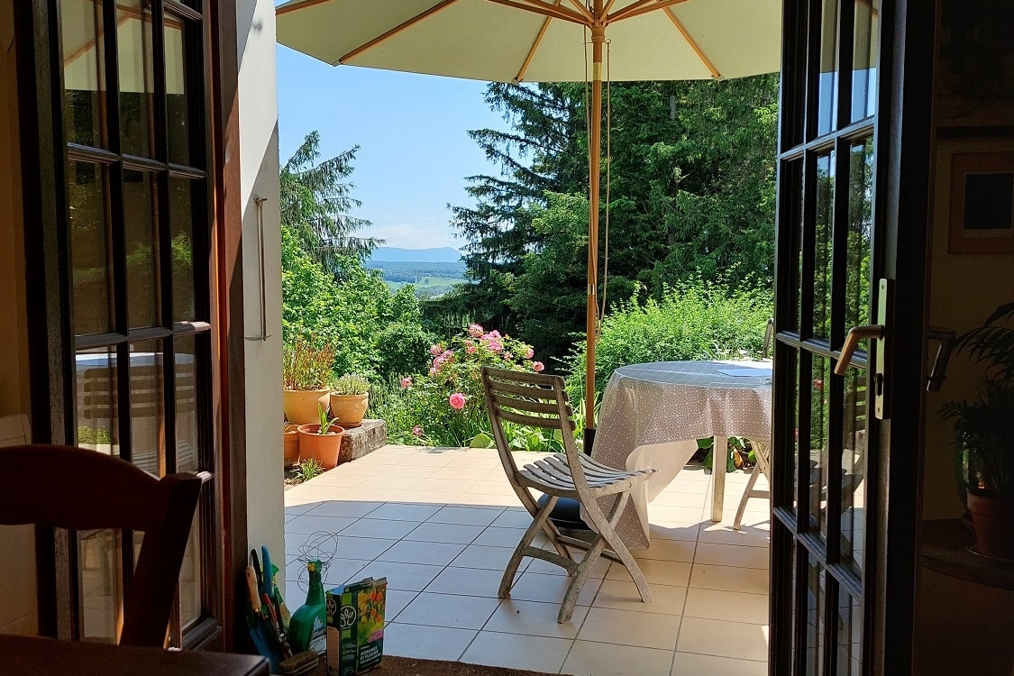 A covered patio is visible through wide glass doors, featuring a table set with a tablecloth and a sun umbrella. Wooden chairs surround the table, and potted plants decorate the area, providing a serene view of the greenery beyond.