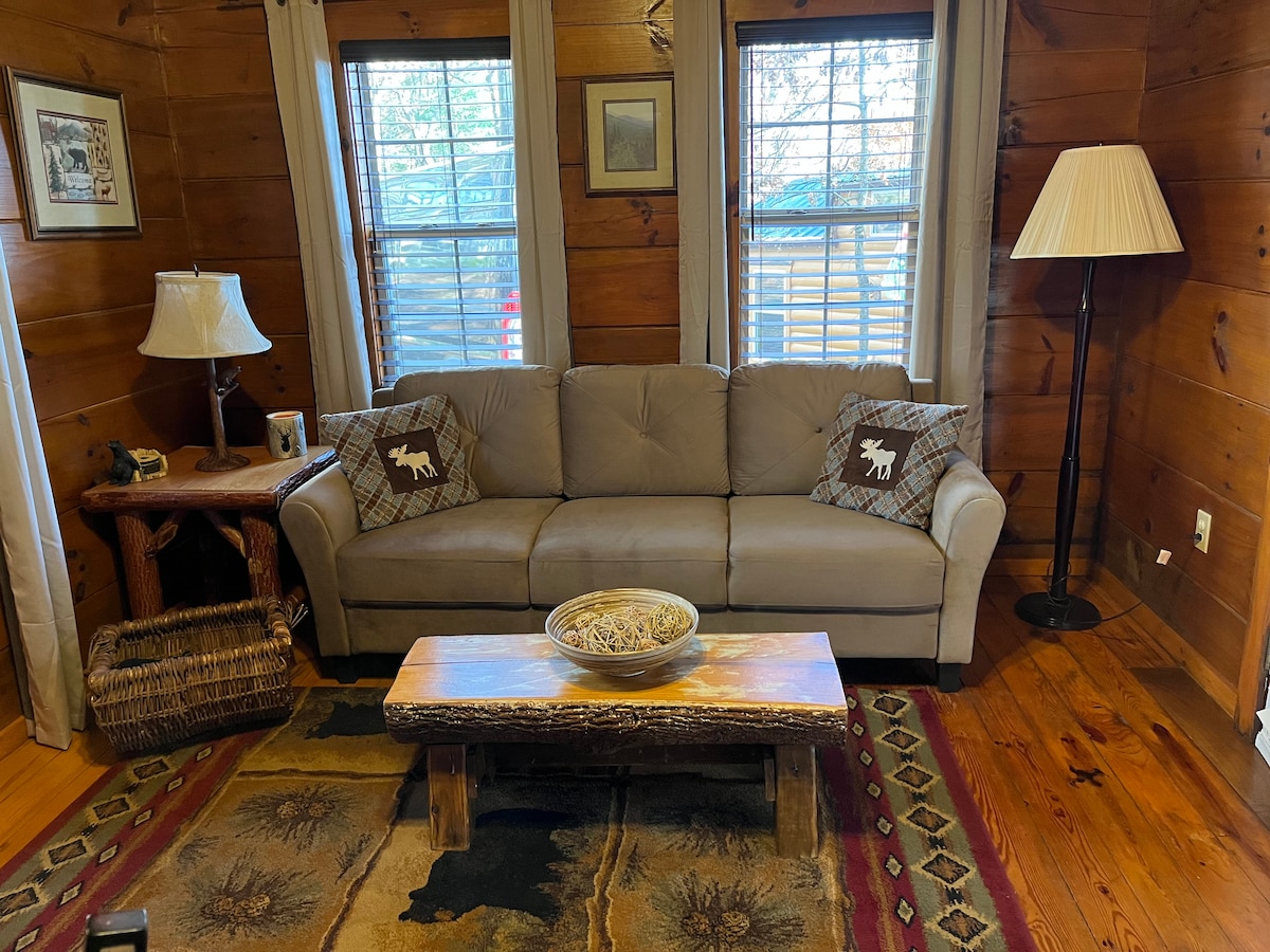 A warm living area features a comfortable gray sofa adorned with patterned throw pillows. A rustic wooden coffee table occupies the center, and a decorative bowl rests on its surface. Two windows allow natural light to brighten the space, framed by light curtains.