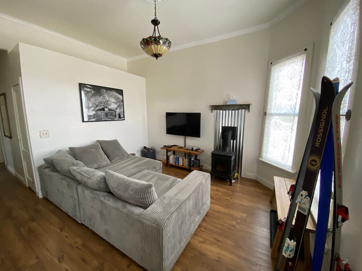 غرفة معيشة مريحة مع أريكة جديدة كبيرة الحجم وتلفزيون مع AppleTV وكتب و NES.