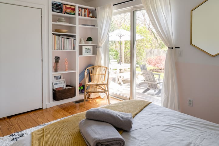 Double-width closet for your clothes & books for you to read on your vacation (and a yoga mat!) 