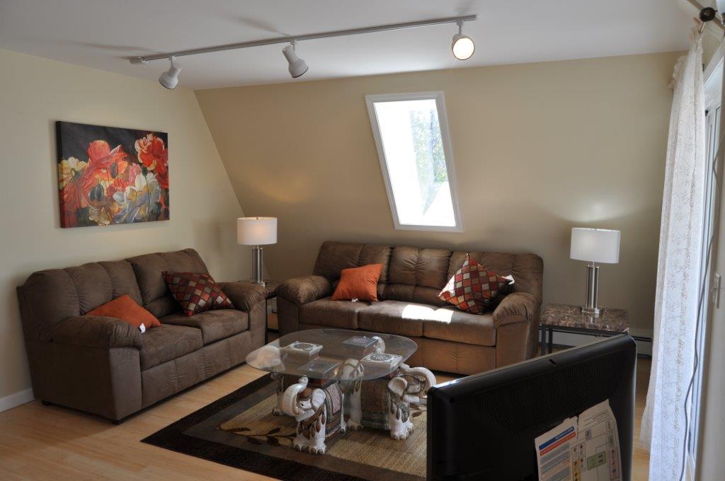 A well-lit living area features two comfortable sofas, accented with colorful cushions. A glass coffee table sits on a patterned rug, while two lamps provide additional lighting. A unique skylight allows natural light to fill the space, enhancing the overall ambiance.