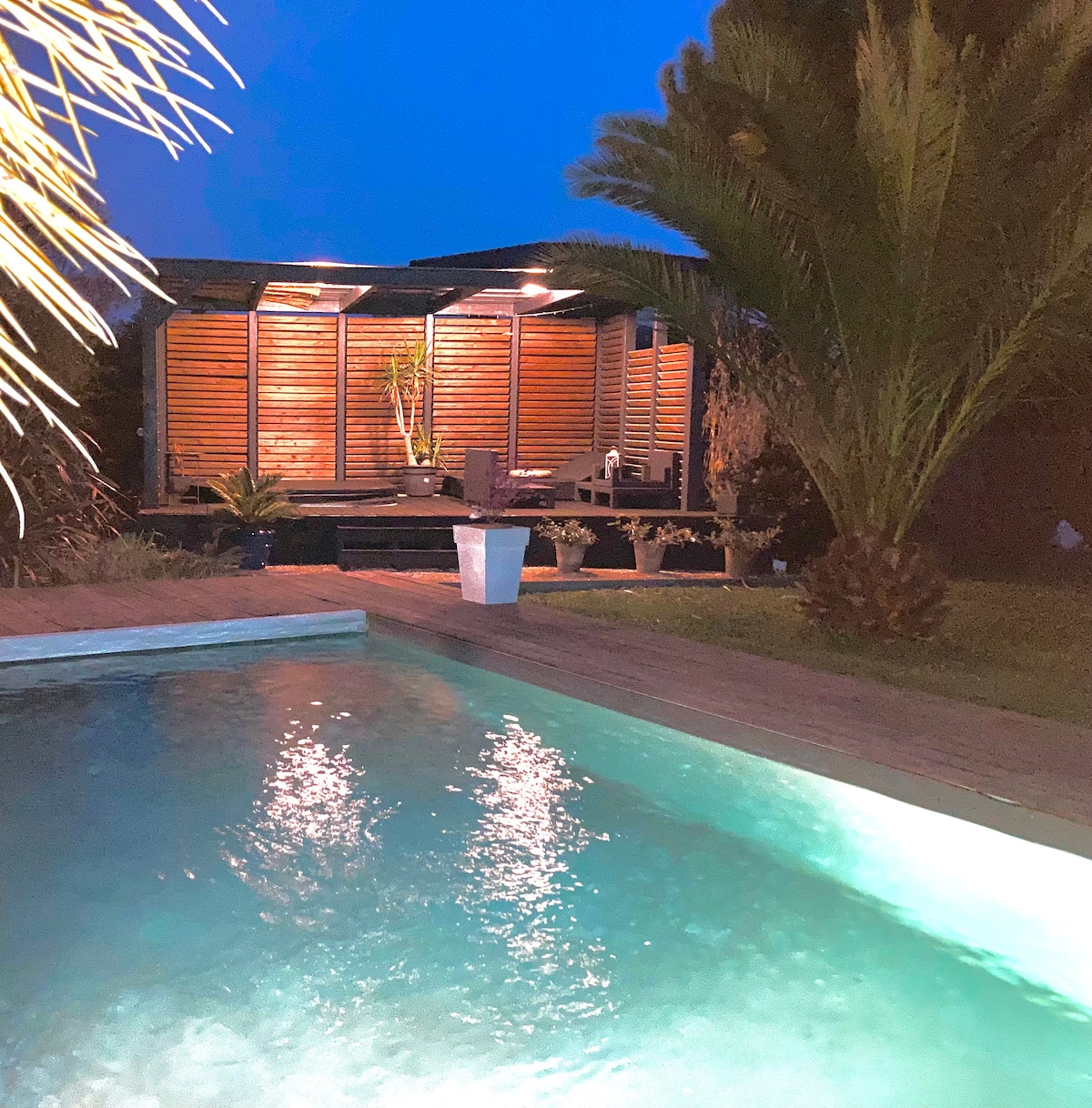 A serene outdoor area features a swimming pool with gentle lighting reflecting on the water's surface. A wooden deck surrounds the pool, leading to a covered terrace with seating. Lush palm plants add a touch of greenery, creating a tranquil ambiance at dusk.