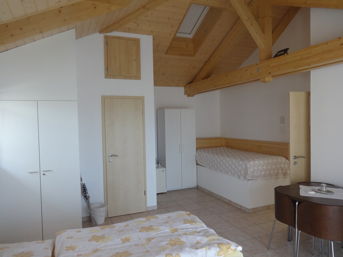 The interior of a guest room features a high wooden ceiling with exposed beams. A spacious bed with floral bedding is positioned beside a compact kitchenette. A wardrobe and additional sleeping area with a mattress are visible, complemented by a small dining table.