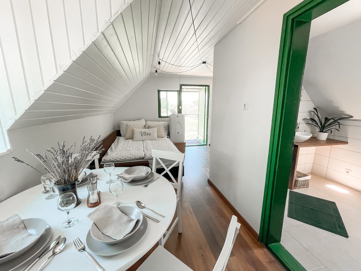 An inviting interior is showcased, featuring a dining area with a round table set for four. A spacious bed is positioned nearby, complemented by green accents and natural light filtering through large windows. A bathroom area with modern fixtures is visible in the background.