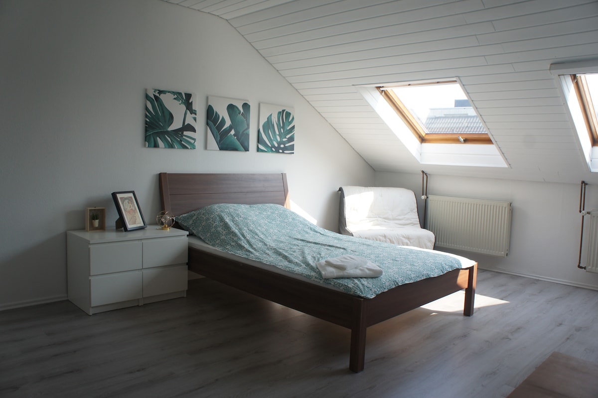 The spacious guest room features a large bed with a patterned bedspread, complemented by a white armchair. Two skylights enhance natural lighting, and wall art with tropical designs adorns the walls. A dresser is positioned beside the bed, offering additional storage.