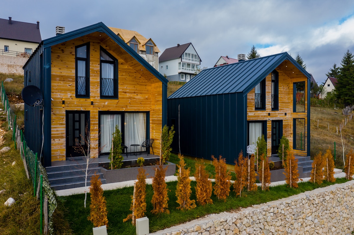 Two modern wooden houses feature triangular roofs and large windows, allowing for ample natural light. A landscaped area is visible in front, with a pathway bordered by neatly arranged shrubs. The setting is surrounded by a grassy yard, enhancing the overall serene atmosphere.