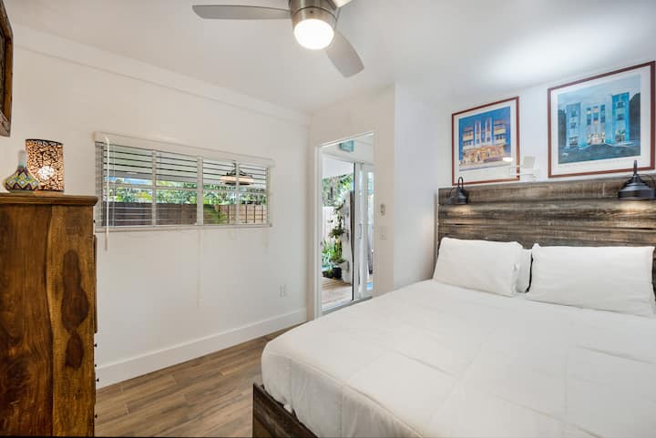 Bedroom #4 has a queen size bed and overlooks the BBQ dining covered terrace and the outdoor shower 