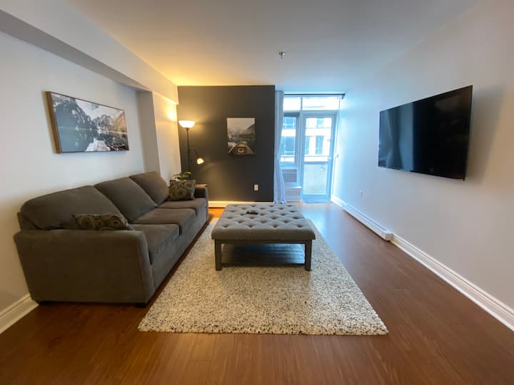 Queen size sofa bed and 65” Smart TV in the living room