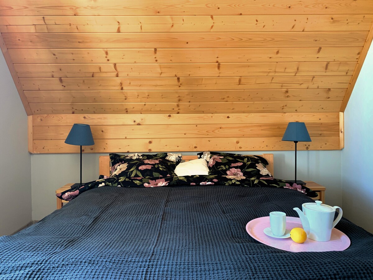 ห้องนอนพร้อมเตียงคู่ทีวีและตู้เสื้อผ้าสำหรับเสื้อผ้า 