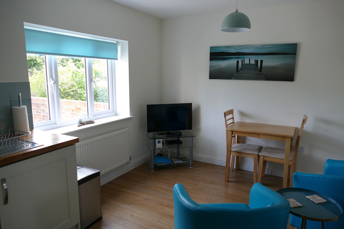 A bright living space features a kitchenette with a small refrigerator and a dining area. A glass TV stand holds a television that faces a light wood dining table with two wooden chairs. Two blue tub chairs sit adjacent, enhancing the room's inviting layout.