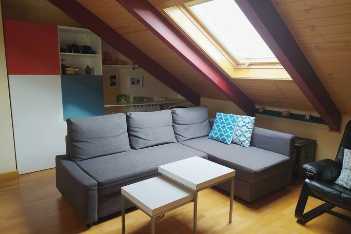 Salón con sofá chaiselong convertible en una cómoda cama de 160 cm. 
