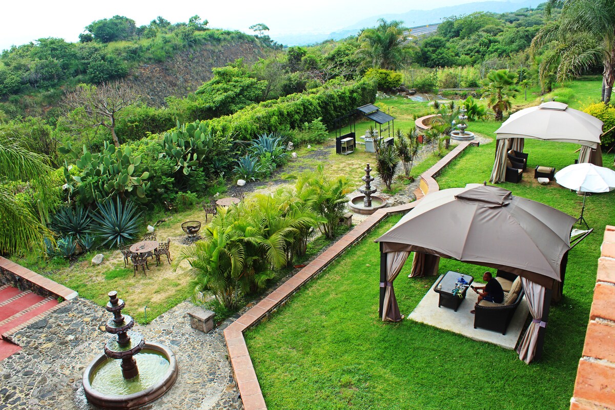 A well-maintained outdoor area features lush greenery, including palm and cactus plants. A shaded seating arrangement is situated beneath a canopy, alongside a small table. Decorative fountains provide a tranquil element, with winding pathways connecting various sections of the garden.