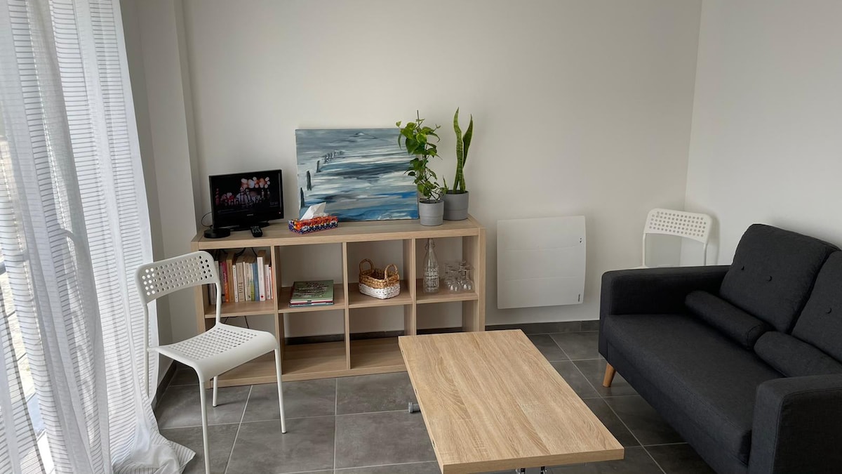 A cozy living space is presented with a modern gray sofa and a light wood coffee table. A flat-screen television is placed on a shelf that also holds books and decorative items. Potted plants add a touch of greenery near a window dressed with sheer curtains.