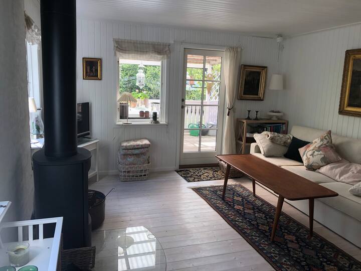 ห้องนั่งเล่นพร้อมเตียงโซฟาและเตาไม้ 