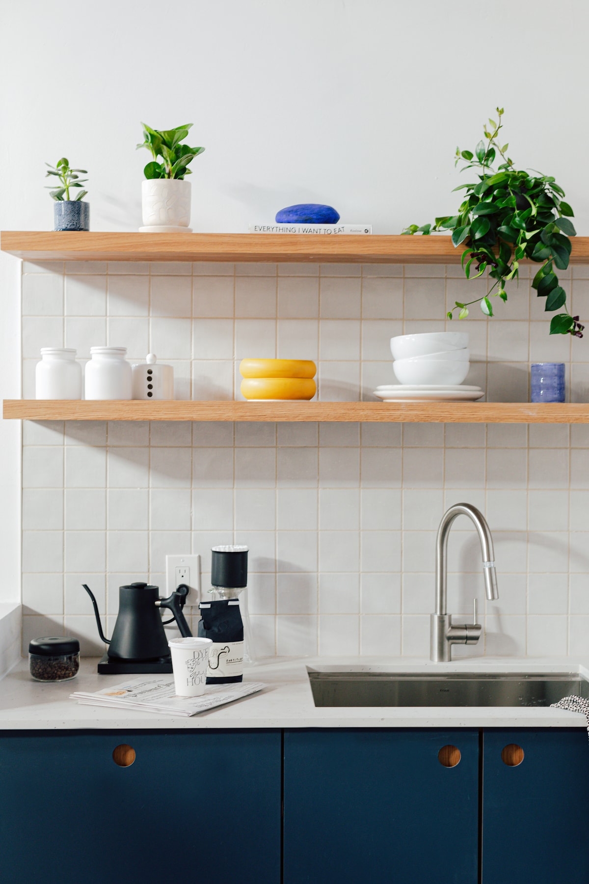 A modern kitchen space is highlighted by light wood shelves displaying potted plants and colorful dishware. Below, dark cabinetry houses a sleek sink and a coffee maker, complementing the minimalist design with a sense of functionality.