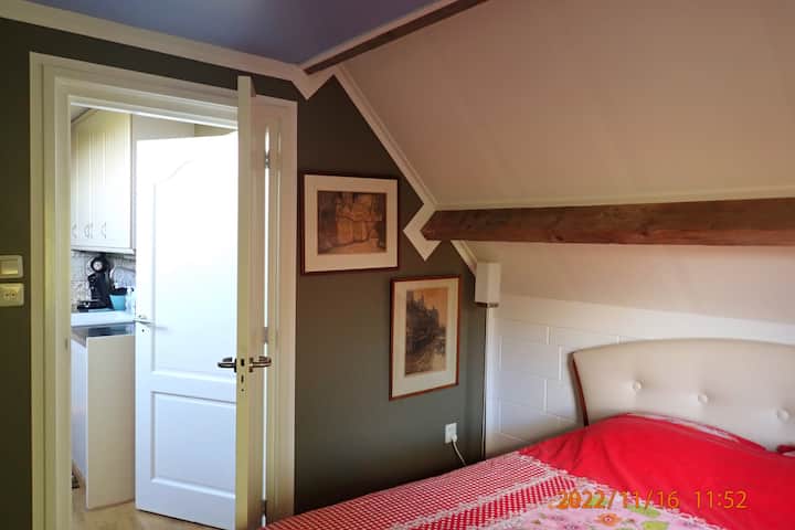 Chumba cha kulala cha watu 2 kilicho na mlango wa kuingia jikoni.