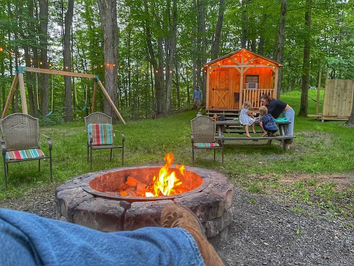 Cabin Front, Swing, Fire Ring at Shadow Hills Farm's Adirondack Double