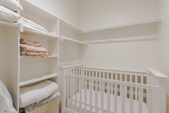 Master bedroom closet, we have converted into a nursery. We have white noise, a crib, and thick pad on the floor in case there are jumpers!