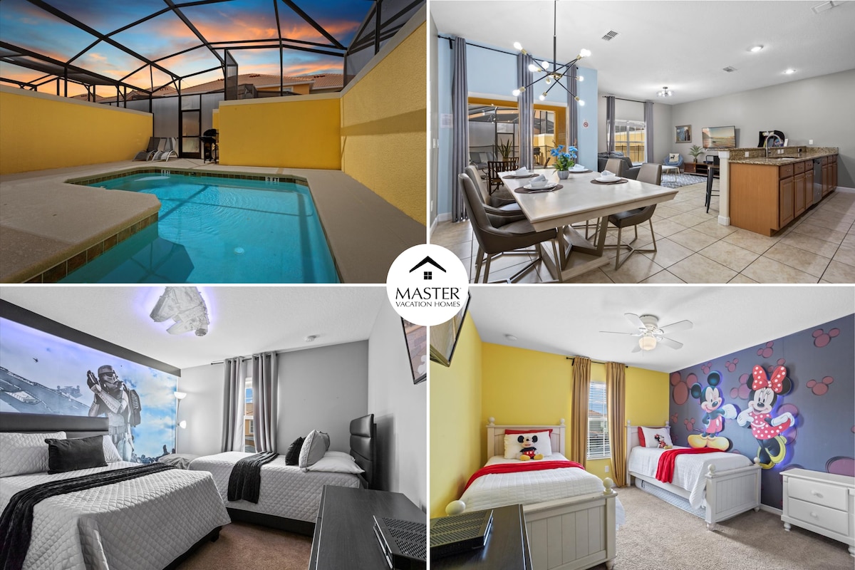 The image showcases a private screened-in pool, reflecting a colorful sunset. Nearby patio furniture is arranged for outdoor relaxation. An adjacent dining area is visible with a table set for meals. Two vibrant bedrooms are adorned with cheerful wall art and feature spacious beds.