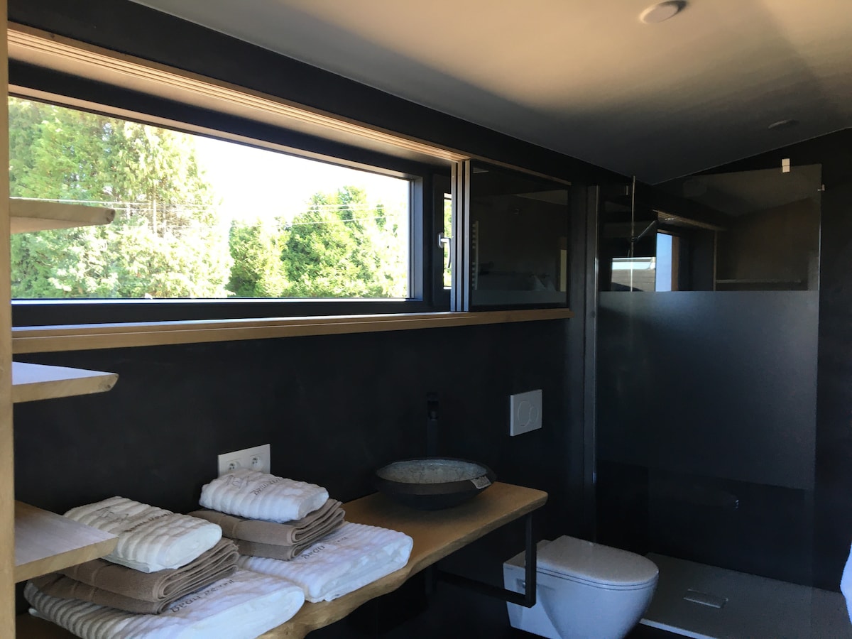 A modern bathroom is featured with natural wooden shelves displaying neatly stacked towels. A sleek sink and toilet are positioned against a black wall. Large windows allow natural light to illuminate the space, while offering views of the greenery outside.