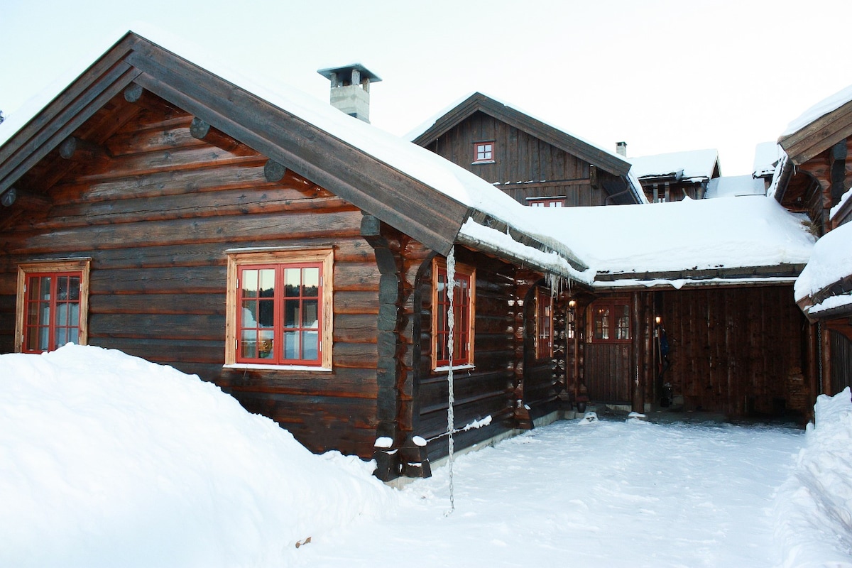 The charming wooden cabin features a sloping roof covered in snow, with red-framed windows contrasting against the dark timber exterior. The entrance is framed by a snow-covered pathway, and a cozy porch area can be seen, enhancing the rustic character of the building.