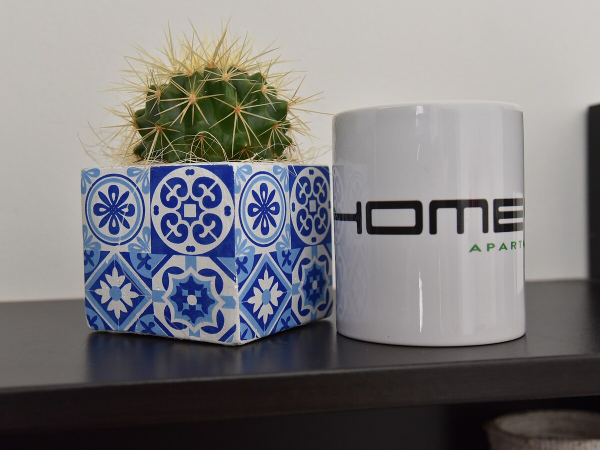 A decorative arrangement features a small cactus potted in a blue and white patterned ceramic container, positioned next to a white mug displaying the word 'HOME' in bold black letters. The items are placed on a dark wood shelf.