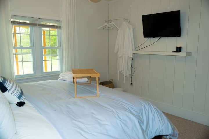 The "Blue Suite" with view of water with queen bed and TV. 