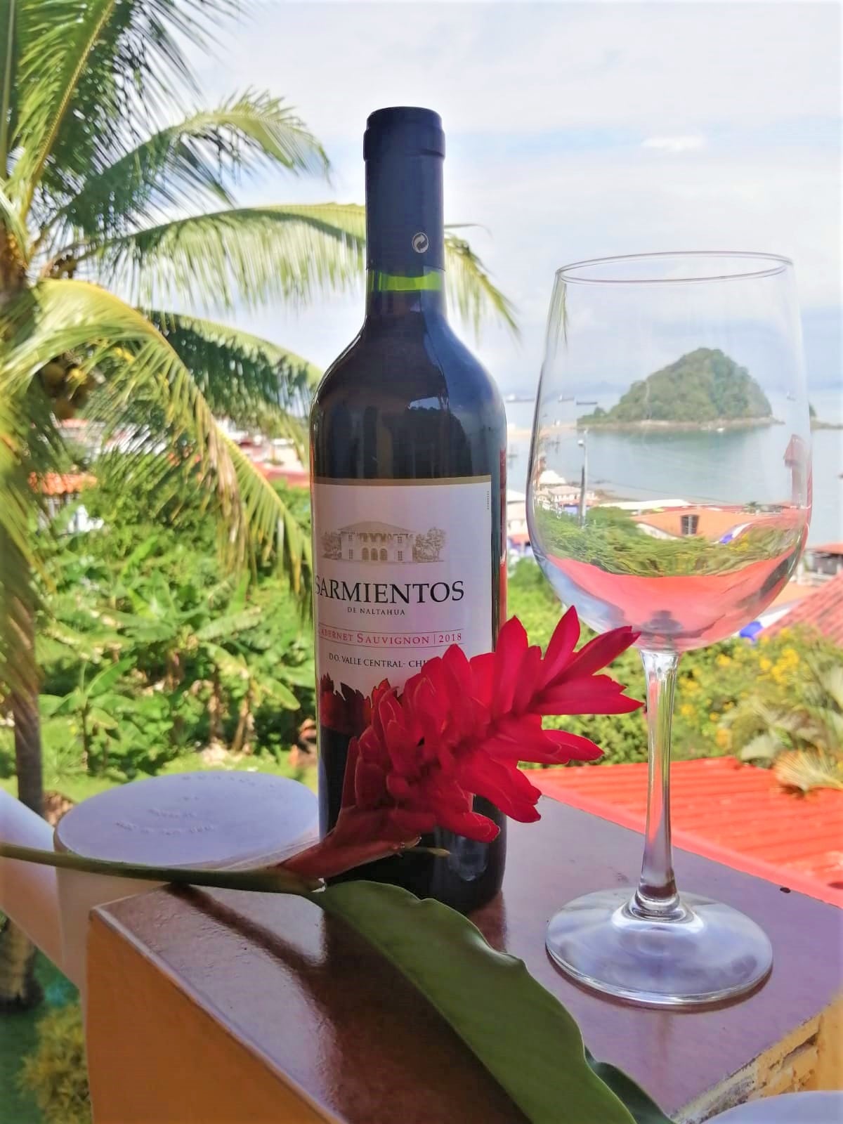 A bottle of Sarmientos wine is placed next to an elegant wine glass on a wooden surface. In the background, tropical greenery and a scenic, rocky island can be observed under a light blue sky, creating a serene atmosphere.