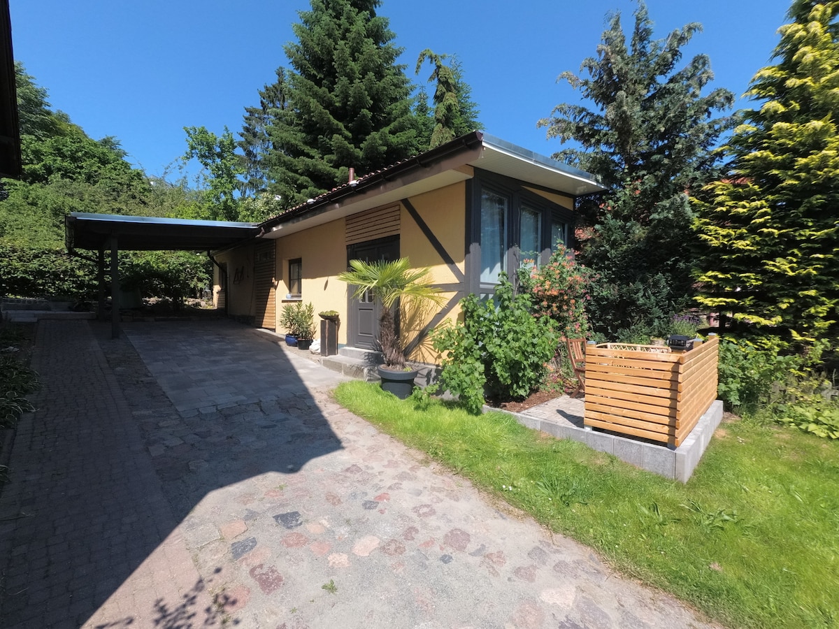 A single-story bungalow is framed by lush greenery, with a smooth stone pathway leading to its entrance. The exterior features a warm yellow façade, large windows, and a covered porch area. A wooden planter box sits in the foreground, complementing the welcoming garden setting.