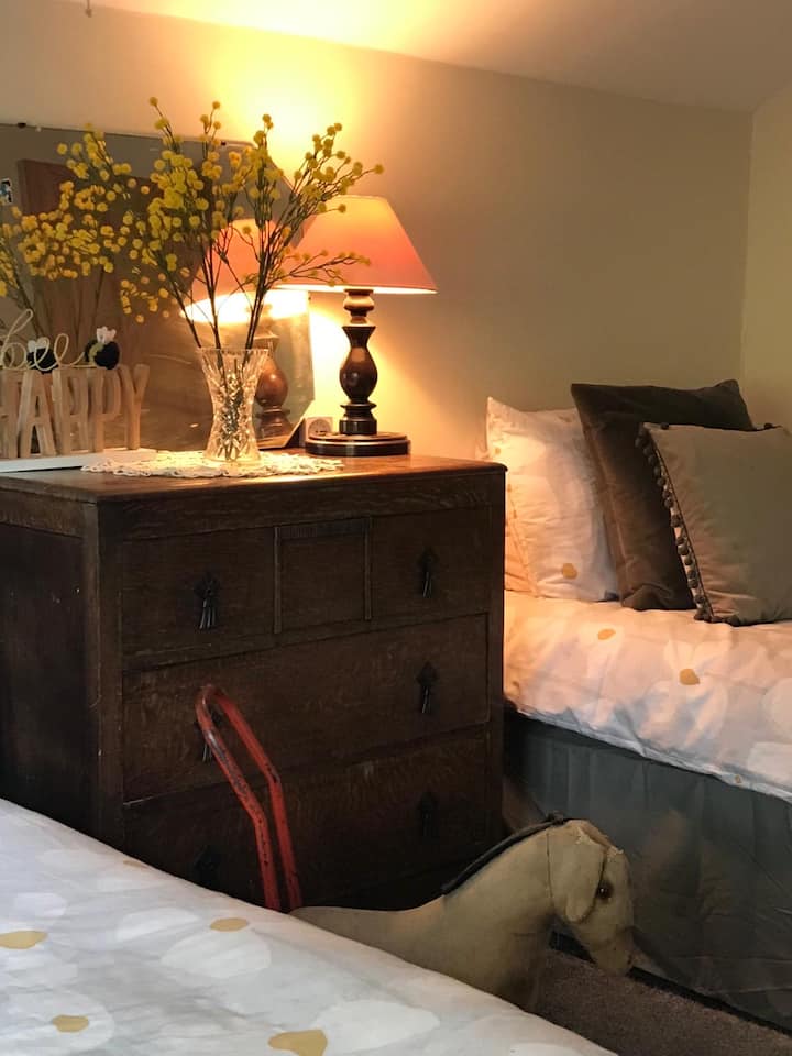 Kitanda kimoja na kitanda kidogo cha watu wawili . Kabati lililowekwa na kifua cha droo . Taa ya kando ya kitanda. Mihimili . Ufikiaji rahisi wa bafu . Mwonekano mzuri wa bustani na mashamba . Chumba chenye starehe sana kilicho na mapazia meusi. 