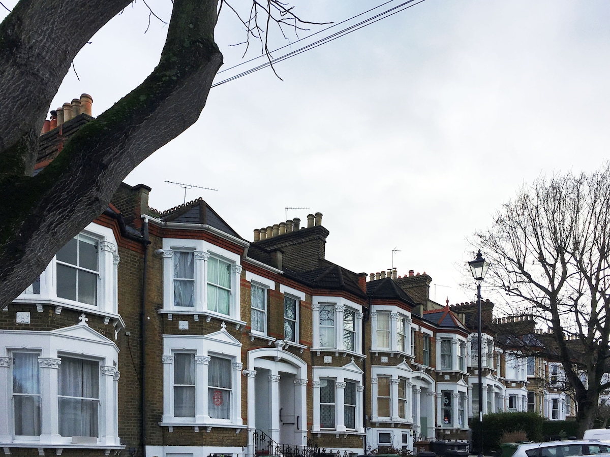 A row of Victorian-style terraced houses is depicted on a quiet street. Distinctive architectural details include bay windows and decorative eaves. Leafless trees frame the scene, and utility lines cross above. The sky is overcast, adding a serene atmosphere to the neighborhood setting.