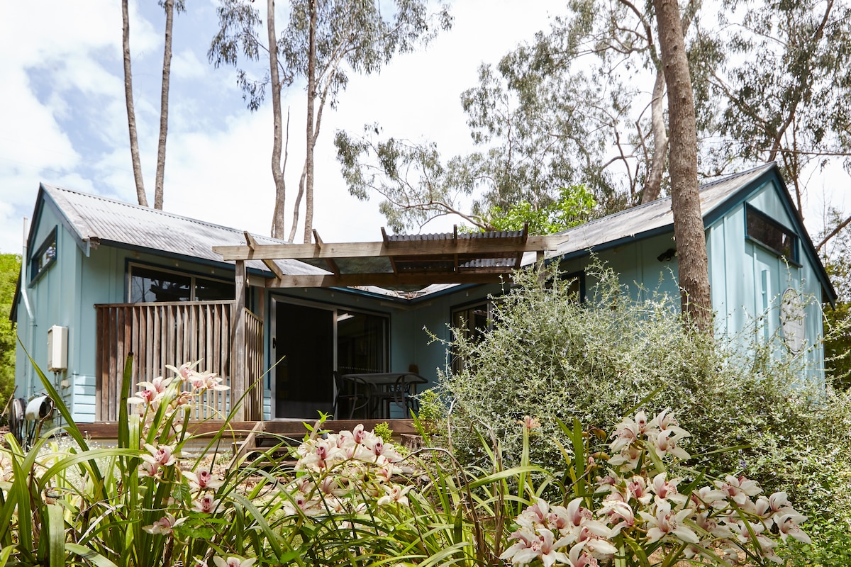 The cottage features a light blue exterior with a sloping roof, surrounded by tall trees. A spacious deck area is visible, partially shaded by a wooden pergola, and is framed by vibrant greenery and flowers in the foreground.