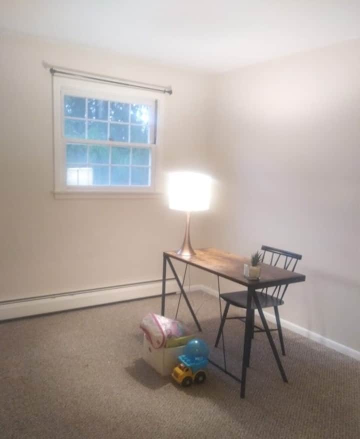 This third room can serve as an office for your Zoom meetings, a reading/play room for children, or an additional bedroom for family/friends (air mattress, toddler bed, and playpen all available if/as needed).