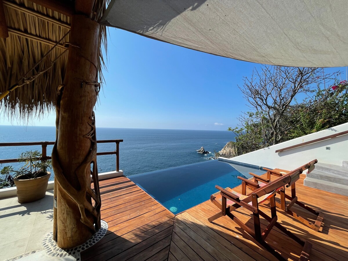 An outdoor deck features wooden lounge chairs facing a private infinity pool, which overlooks the ocean. The surrounding area is adorned with tropical plants and includes a shaded space provided by a thatched roof. The tranquil blue water blends seamlessly with the sky.