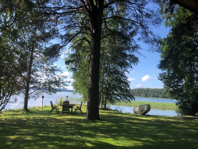 A serene lakeside view is framed by tall trees, with a grassy area leading to the water. A wooden table and chairs are positioned under the trees, while a small boat rests on the shore. Sunlight highlights the tranquil surroundings.