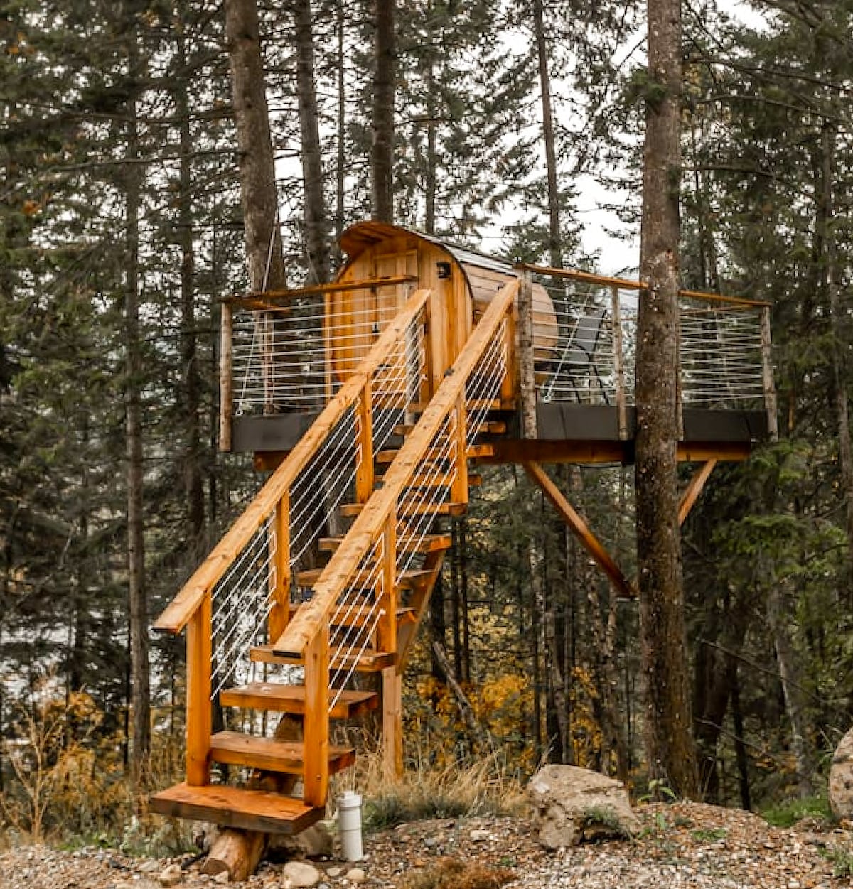A wooden treehouse sauna is elevated among tall trees, connected by a sturdy staircase. The structure features a rounded design and is surrounded by a natural forest landscape, with various trees and foliage visible in the background.