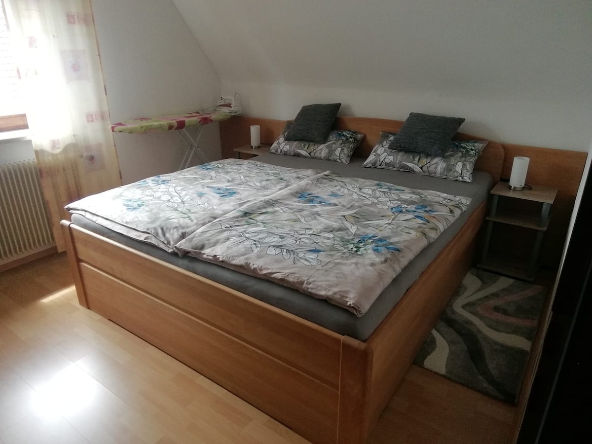 A spacious bedroom features a wooden bed with vibrant linens and two pillows. Nightstands are positioned alongside the bed. An ironing board is visible in the background, with soft natural light filtering through the window.