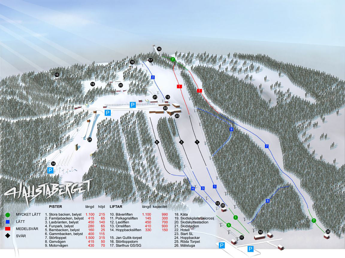 A detailed map of Hallstaberget ski area illustrates various slopes and lifts. Different trail difficulties are indicated through color-coded markings, with designated parking areas marked. Surrounding pine forests provide a natural backdrop, enhancing the layout's orientation for visitors.