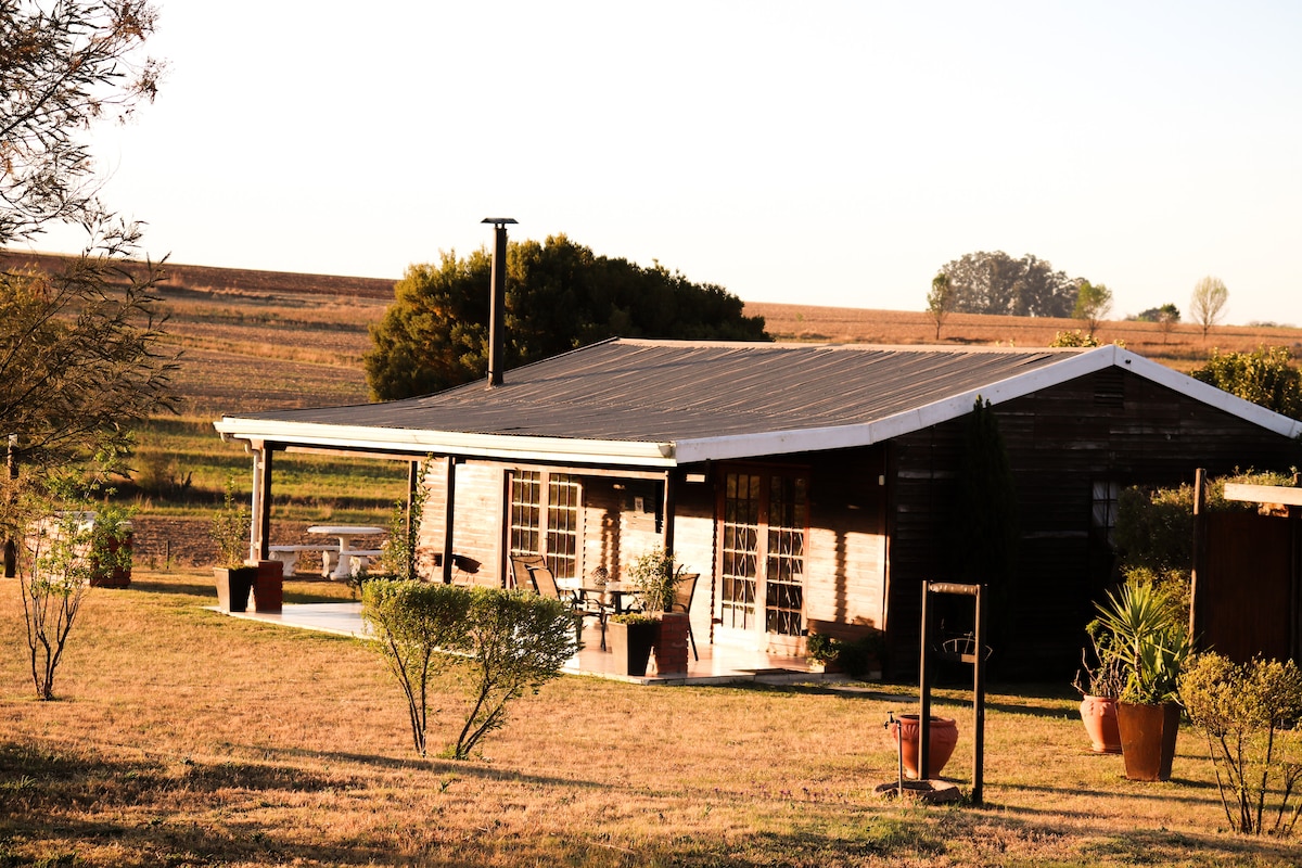 The rustic exterior of the cottage is framed by lush greenery, featuring a peaked roof and a central chimney. Sliding glass doors invite natural light, while potted plants line the pathway. The surrounding landscape offers expansive views of farmland under a clear sky.