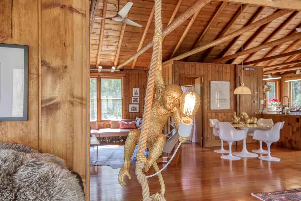 A wooden interior showcases a unique light fixture resembling a monkey, suspended by rope. The space features a blend of cozy seating areas and modern dining chairs, alongside expansive windows that invite natural light into the welcoming atmosphere.